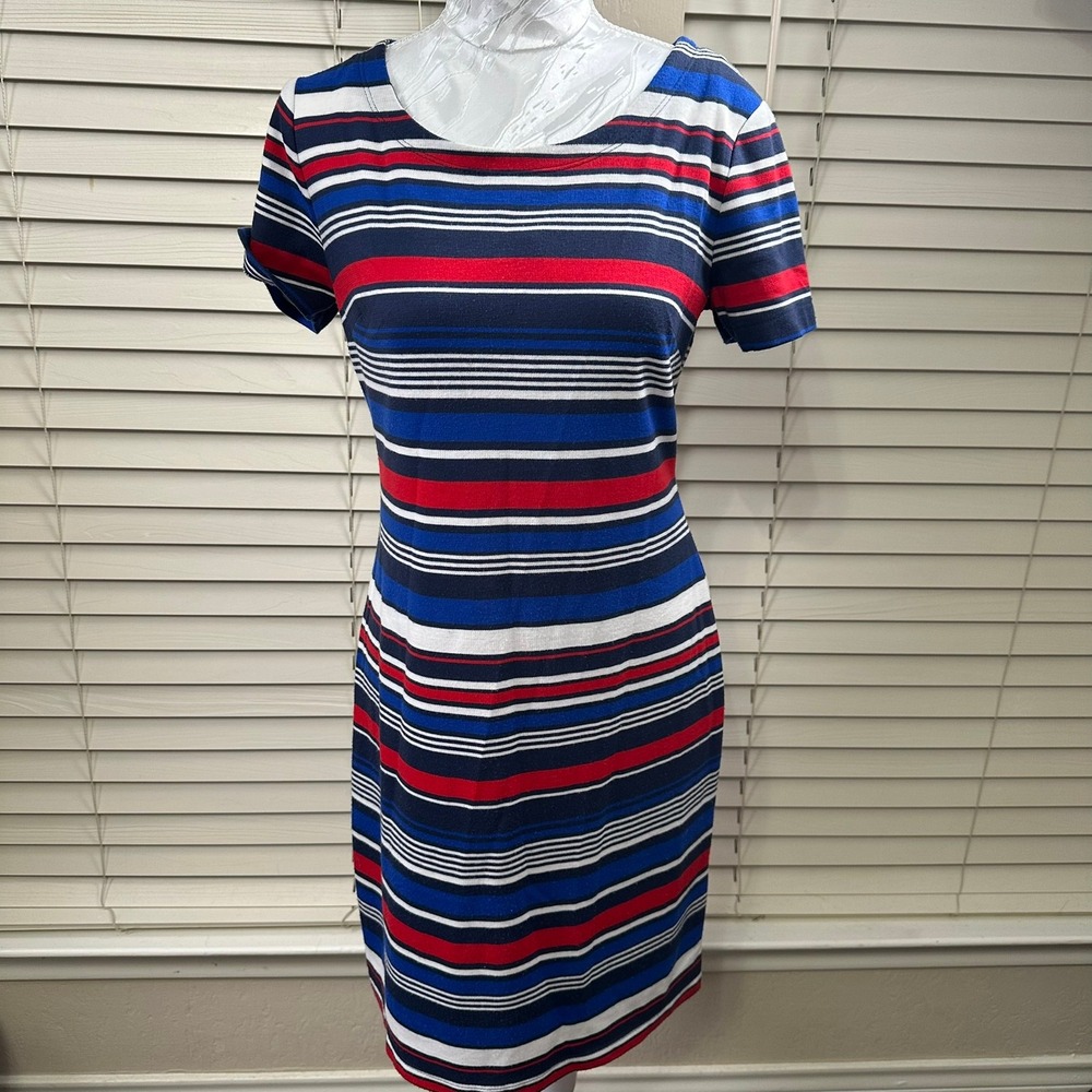 Roz & Ali Striped Dress Womens 4 Blue Red White Sheath Back Zip Career Americana
